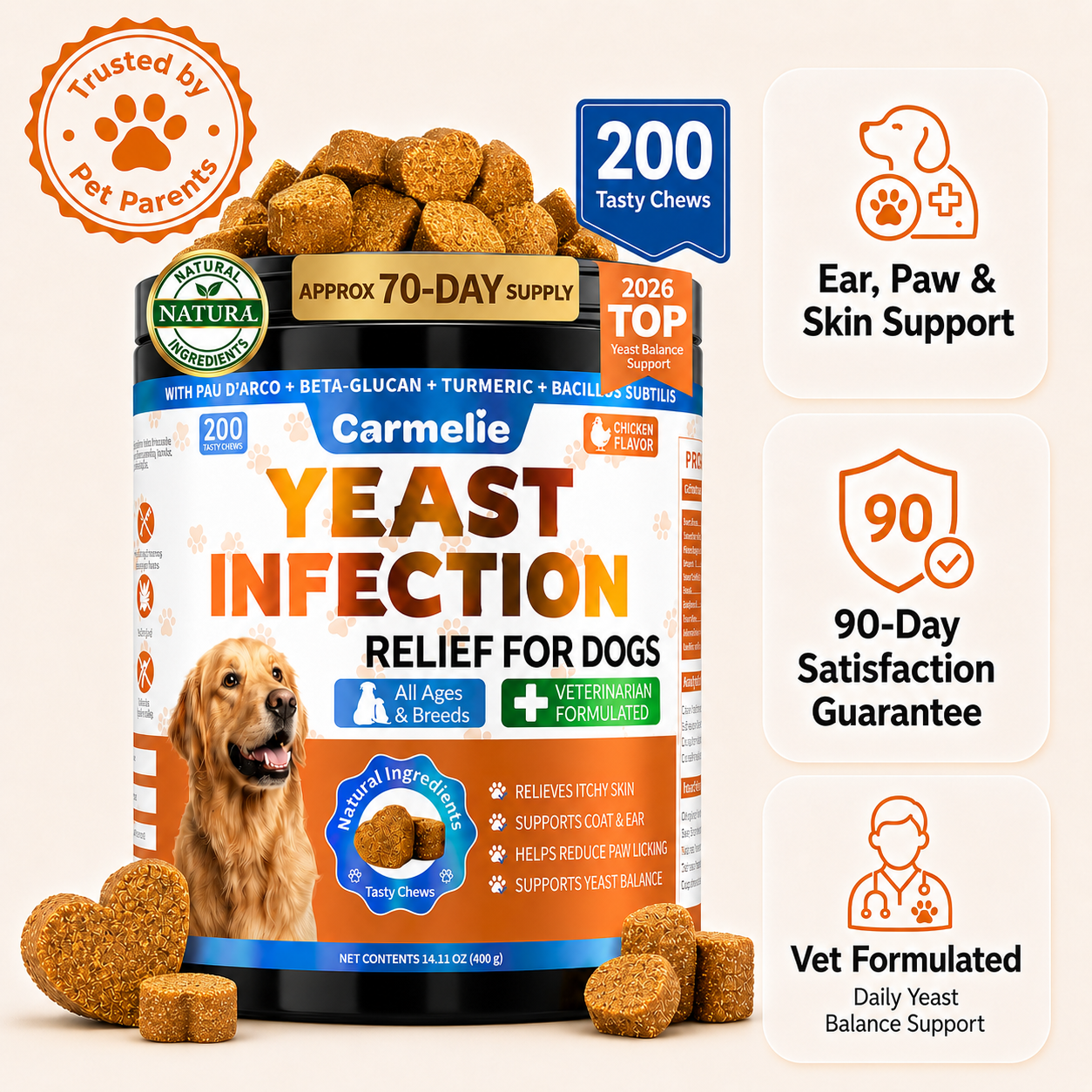 Carmelie Yeast Balance Chews for Dogs | Daily Ear, Paw & Skin Support