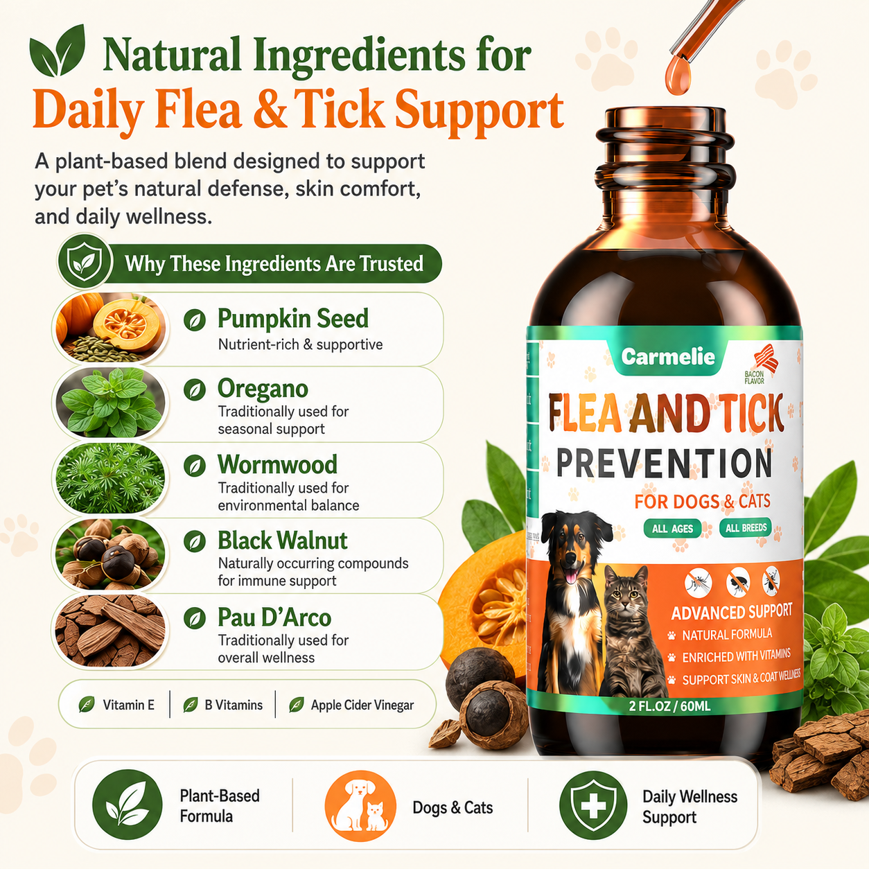Carmelie Flea & Tick Support Drops for Dogs & Cats | Skin, Coat & Immune Support