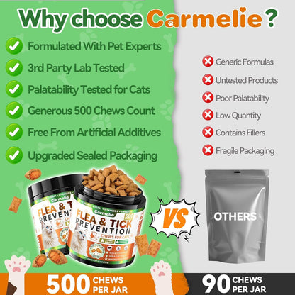 Carmelie 500ct Crunchy & Creamy Cat Flea Chews | Natural Oral Defense with Krill Oil | Chicken & Krill Flavor-carmelie
