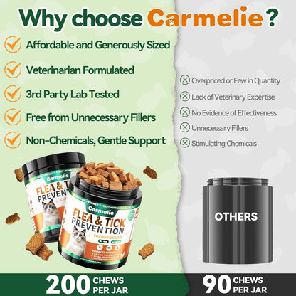 Carmelie Natural Flea & Tick Defense for Cats | 200ct Soft Chews | Daily Oral Support | Tasty Chicken Flavor-carmelie