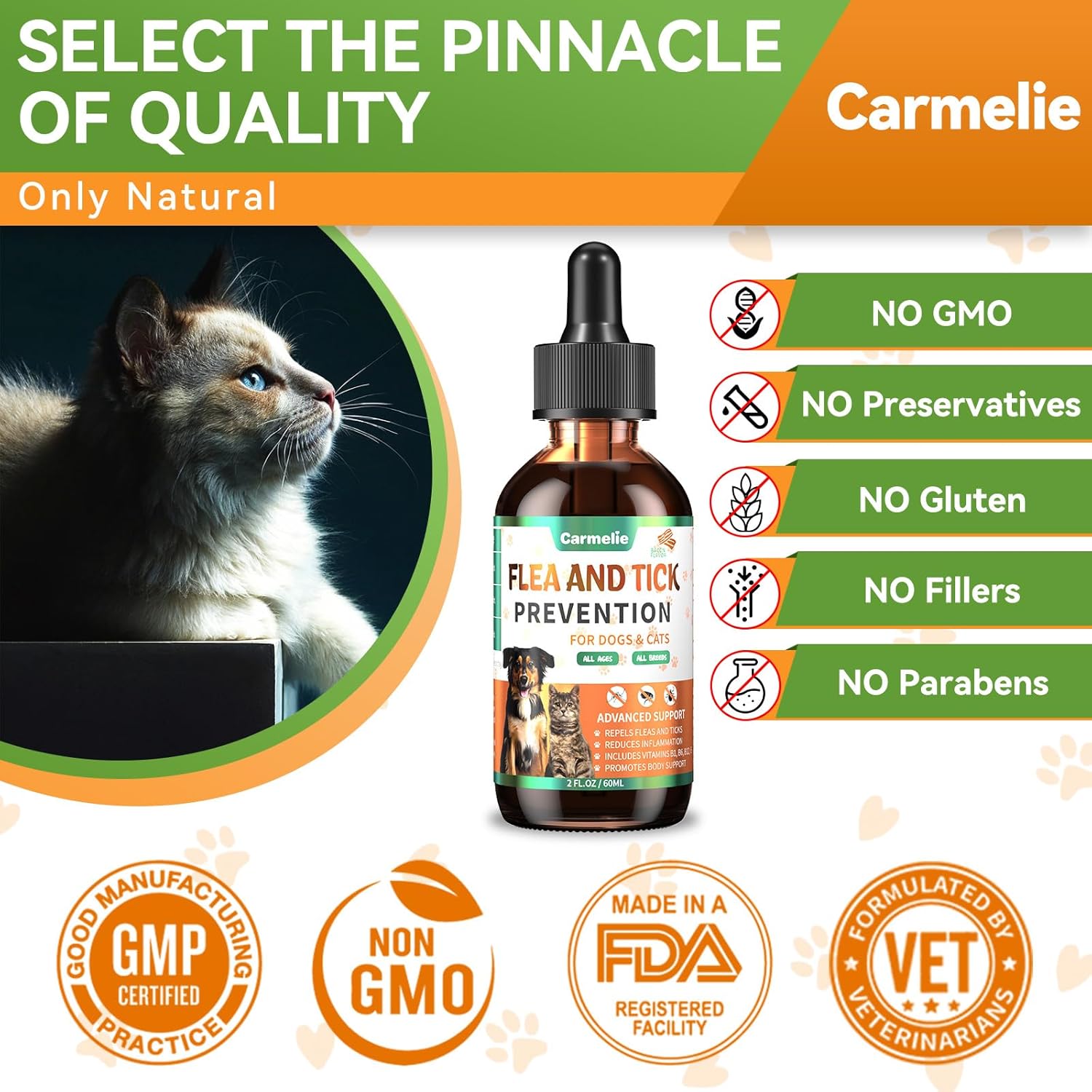 Carmelie Natural Flea & Tick Defense for Dogs & Cats | Oral Support Drops with Multivitamins | Savory Bacon Flavor-carmelie