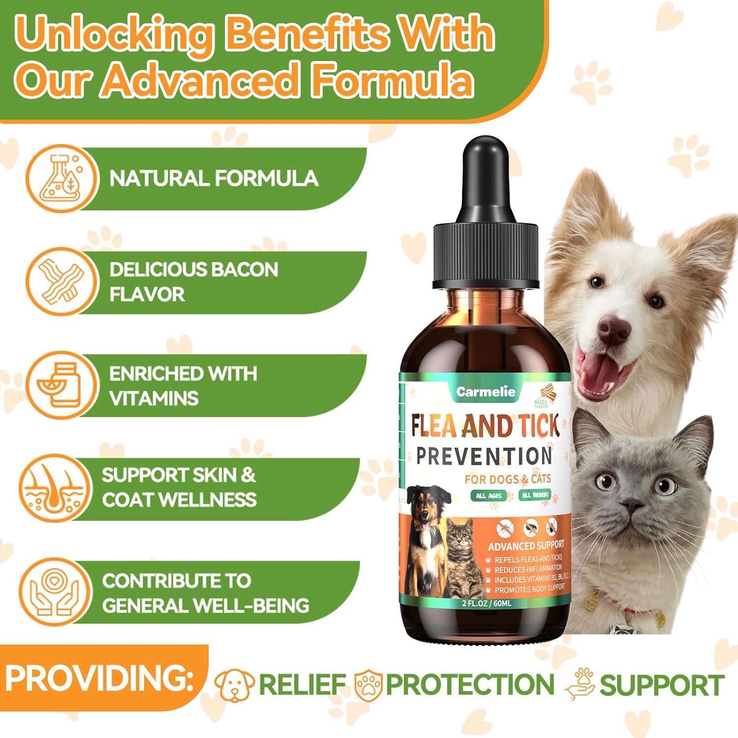 Carmelie Natural Flea & Tick Defense for Dogs & Cats | Oral Support Drops with Multivitamins | Savory Bacon Flavor-carmelie