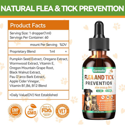 Carmelie Natural Flea & Tick Defense for Dogs & Cats | Oral Support Drops with Multivitamins | Savory Bacon Flavor-carmelie