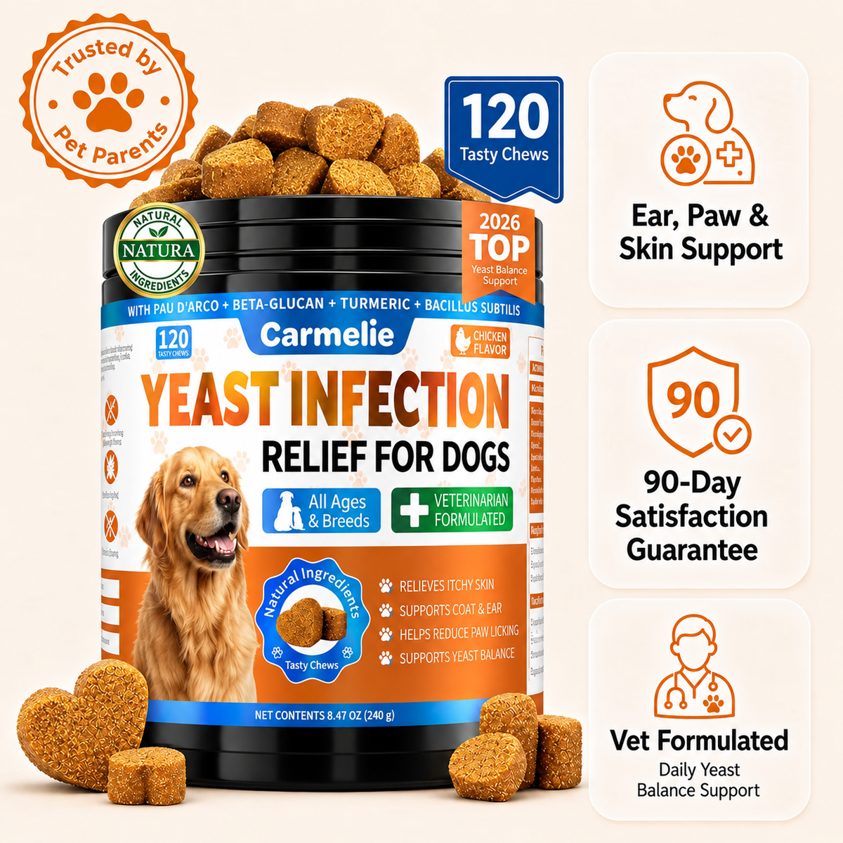 Carmelie Yeast Balance Chews for Dogs | Daily Ear, Paw & Skin Support