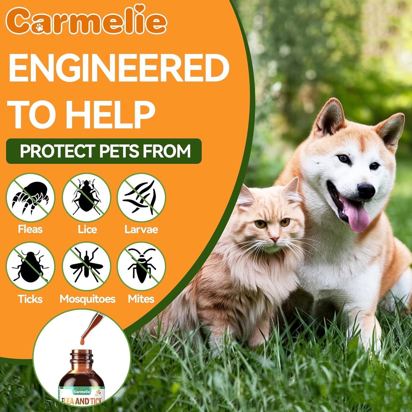 Carmelie Natural Flea & Tick Defense for Dogs & Cats | Oral Support Drops with Multivitamins | Savory Bacon Flavor-carmelie