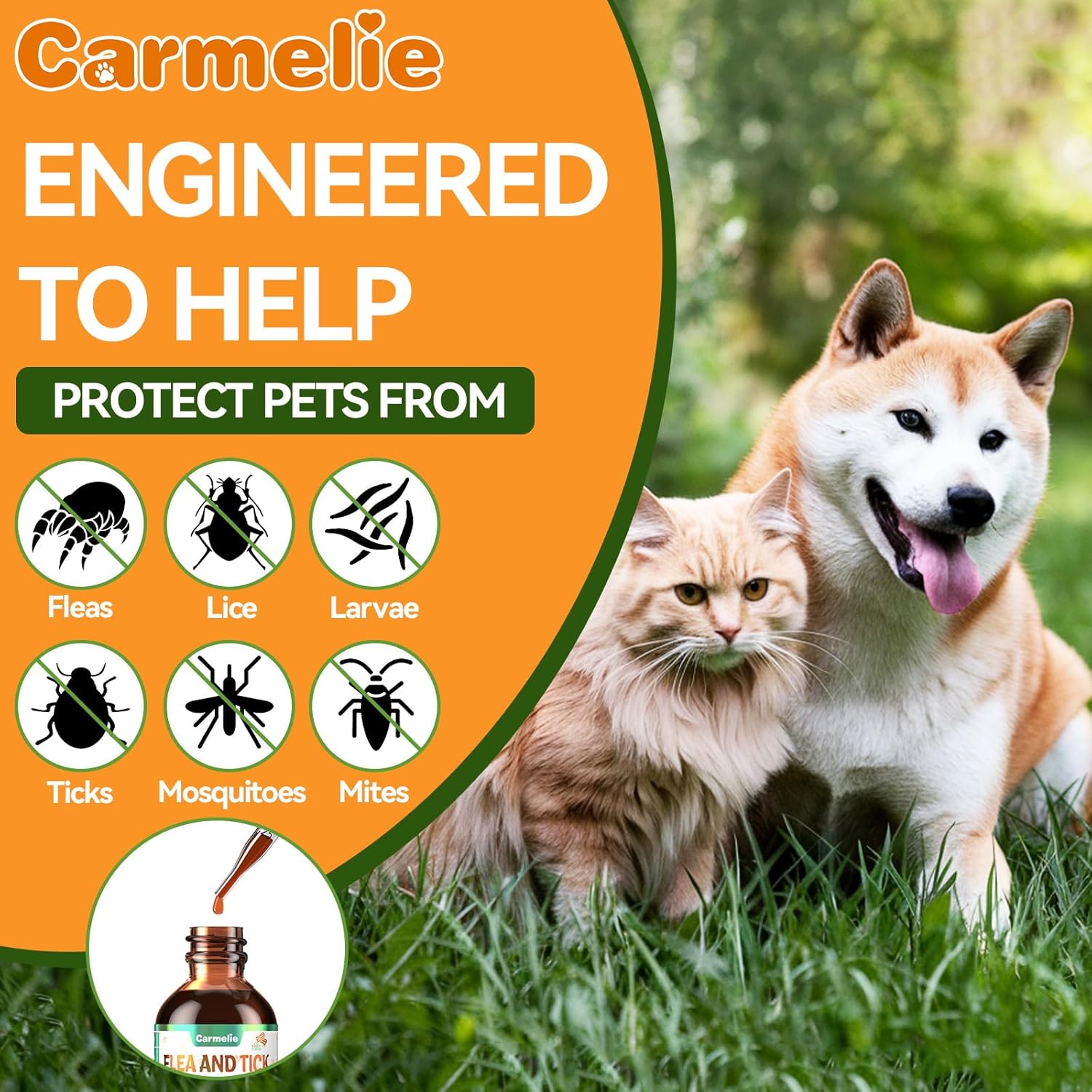 Carmelie Natural Flea & Tick Defense for Dogs & Cats | Oral Support Drops with Multivitamins | Savory Bacon Flavor-carmelie