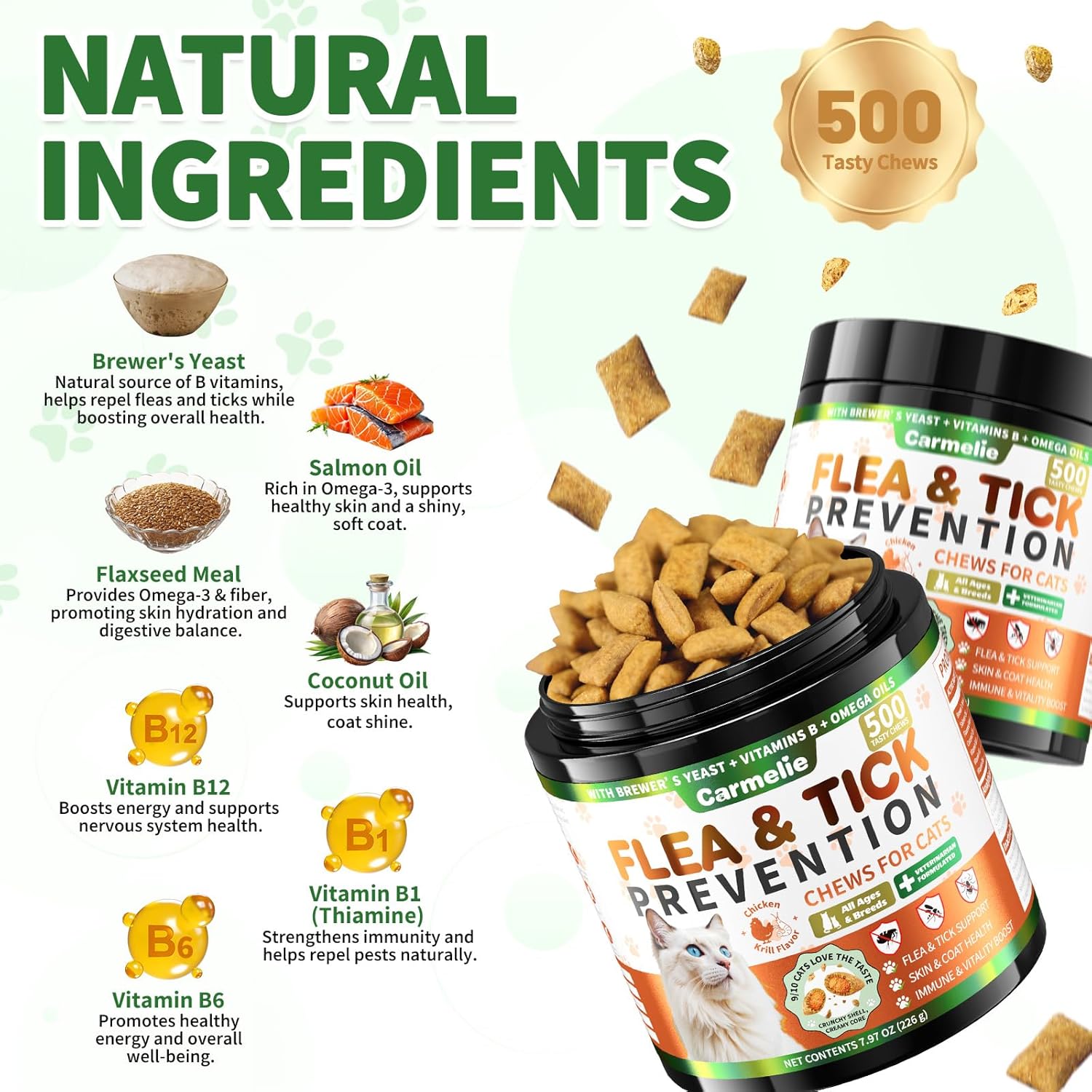 Carmelie 500ct Crunchy & Creamy Cat Flea Chews | Natural Oral Defense with Krill Oil | Chicken & Krill Flavor-carmelie