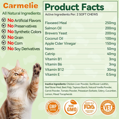 Carmelie Natural Flea & Tick Defense for Cats | 200ct Soft Chews | Daily Oral Support | Tasty Chicken Flavor-carmelie