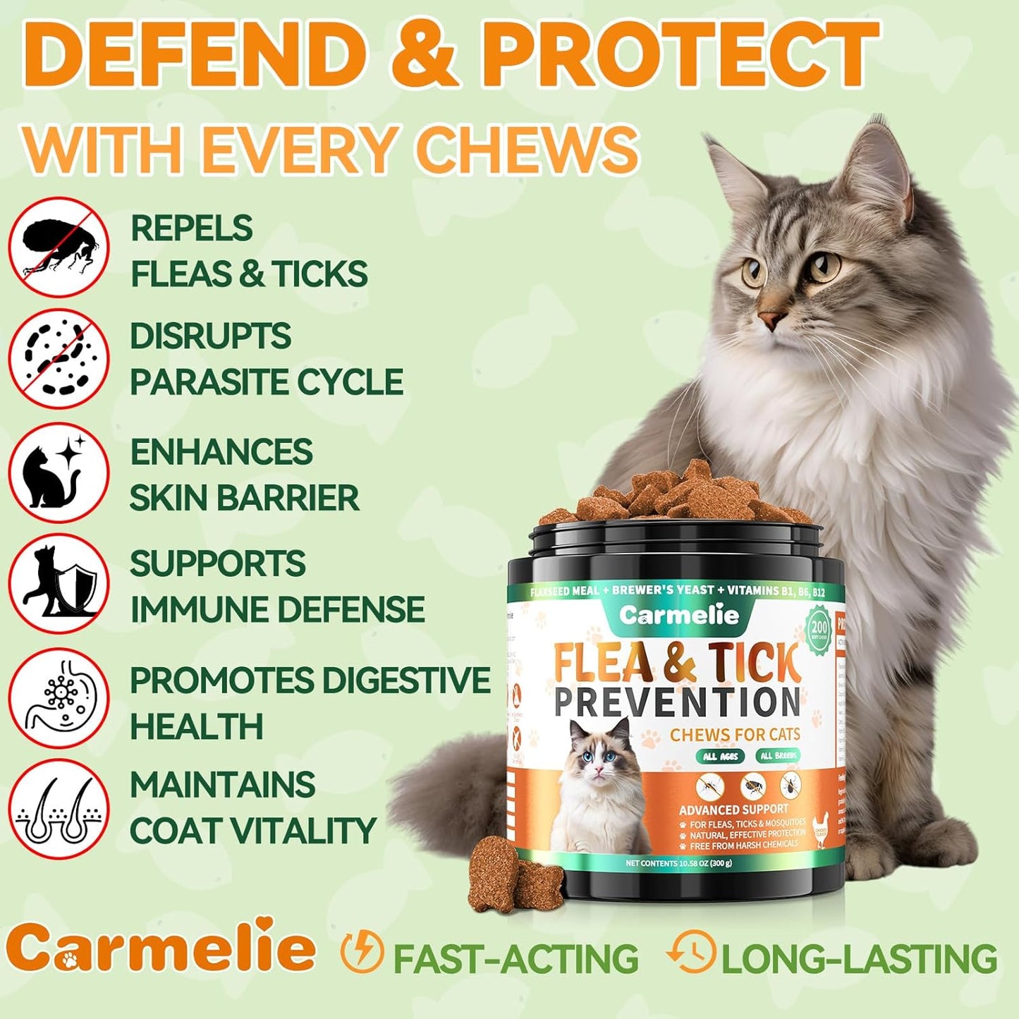 Carmelie Natural Flea & Tick Defense for Cats | 200ct Soft Chews | Daily Oral Support | Tasty Chicken Flavor-carmelie
