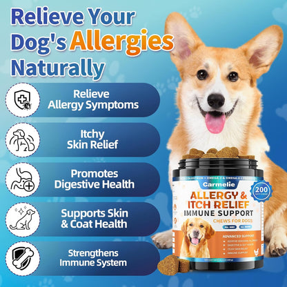 Carmelie Dog Allergy Relief | 200 Chews for Itchy Skin, Paw Licking & Seasonal Allergies | Probiotics & Omega Support-carmelie