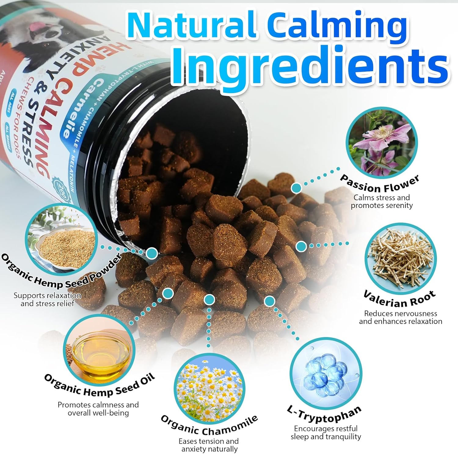 Carmelie Dog Calming Chews | 200ct Anxiety & Stress Relief for Separation, Barking & Sleep | Valerian Root & Melatonin-carmelie