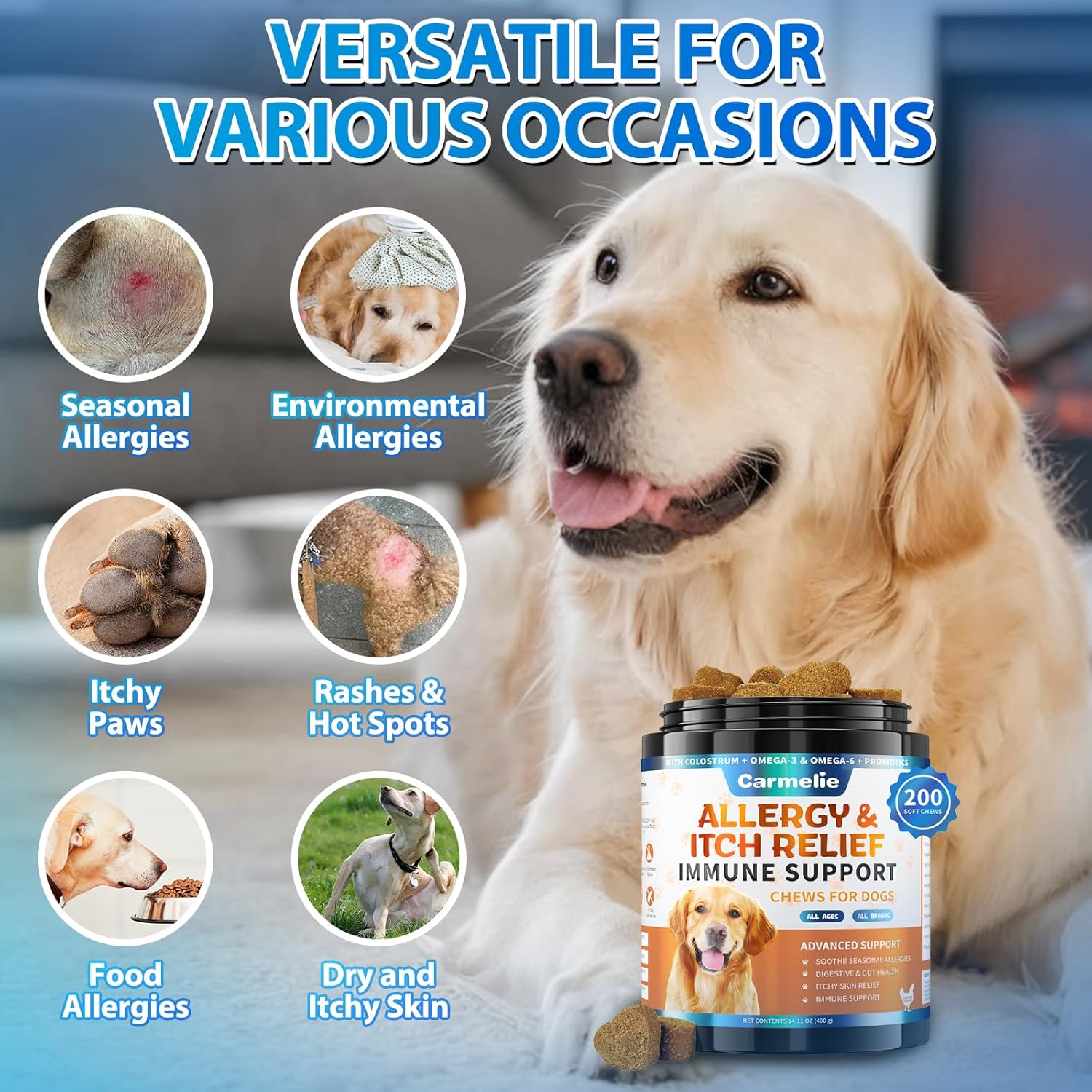 Carmelie Dog Allergy Relief | 200 Chews for Itchy Skin, Paw Licking & Seasonal Allergies | Probiotics & Omega Support-carmelie