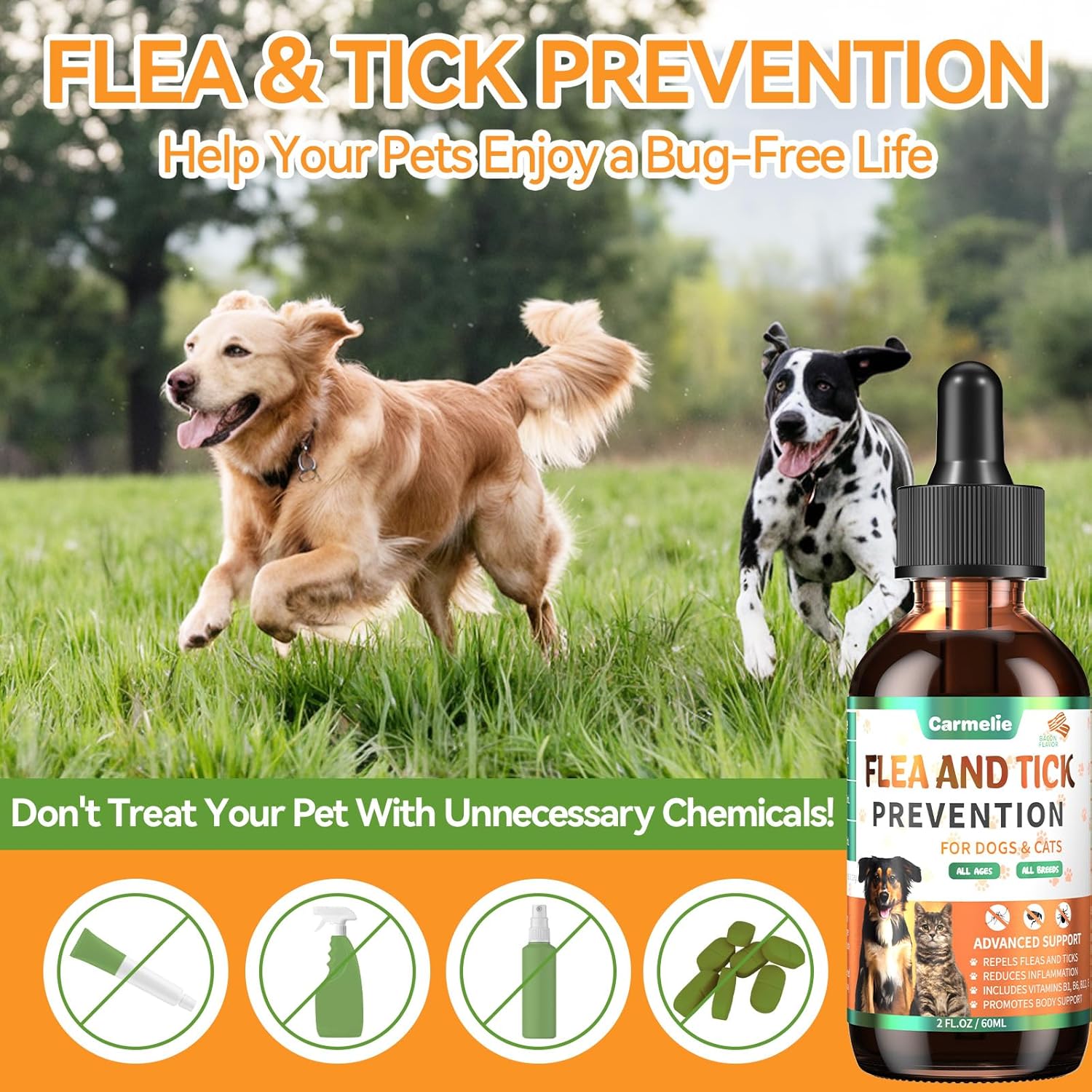 Carmelie Natural Flea & Tick Defense for Dogs & Cats | Oral Support Drops with Multivitamins | Savory Bacon Flavor-carmelie