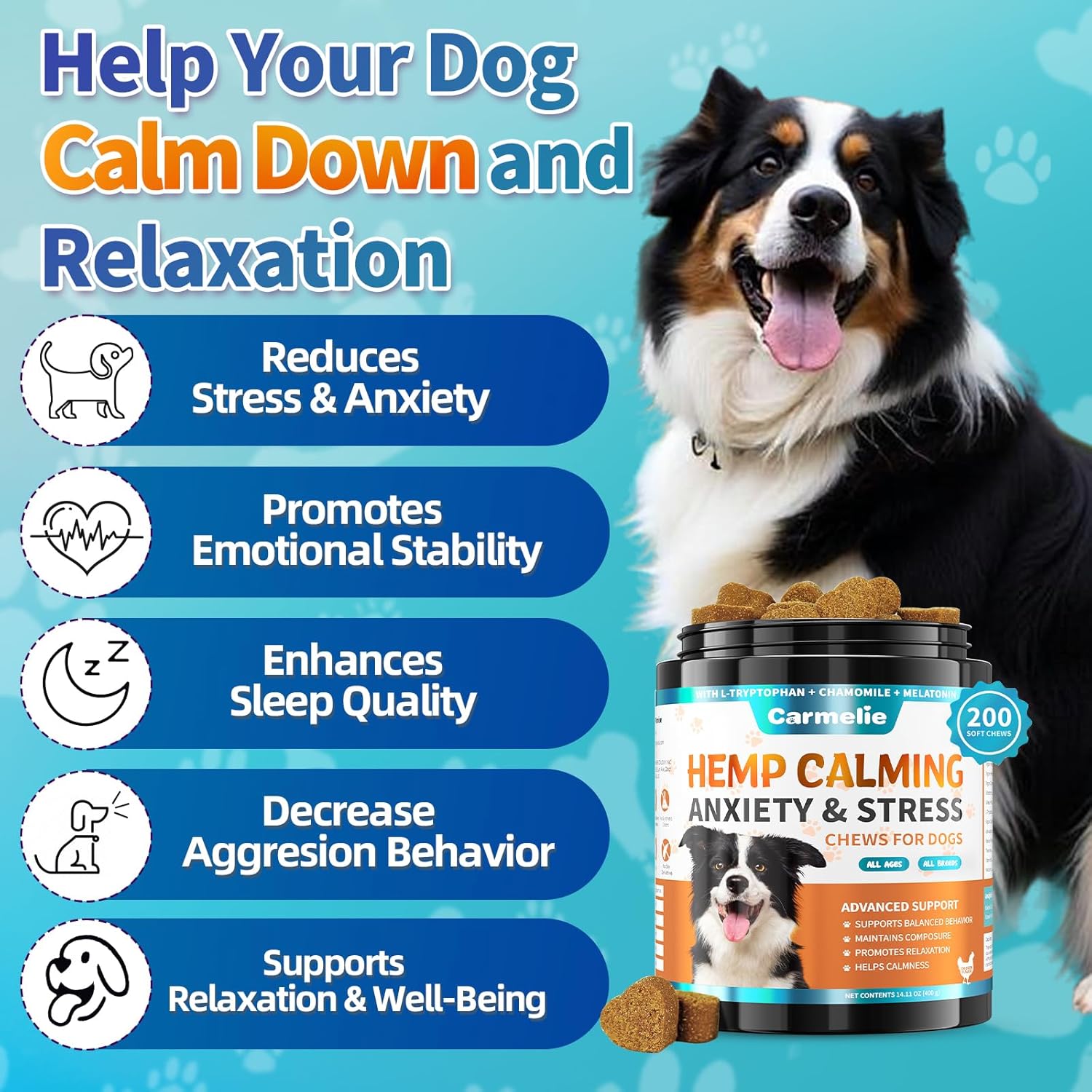 Carmelie Dog Calming Chews | 200ct Anxiety & Stress Relief for Separation, Barking & Sleep | Valerian Root & Melatonin-carmelie