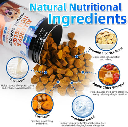 Carmelie Dog Allergy Relief | 200 Chews for Itchy Skin, Paw Licking & Seasonal Allergies | Probiotics & Omega Support-carmelie
