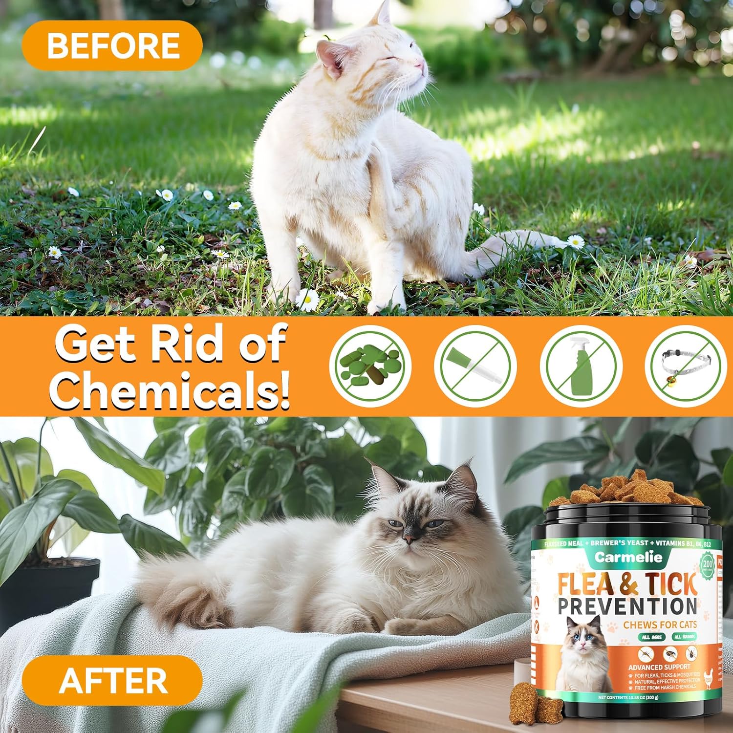 Carmelie Natural Flea & Tick Defense for Cats | 200ct Soft Chews | Daily Oral Support | Tasty Chicken Flavor-carmelie