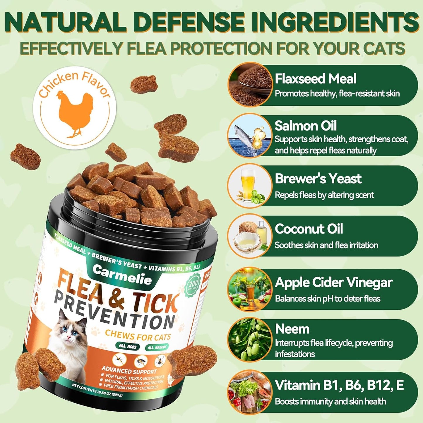 Carmelie Natural Flea & Tick Defense for Cats | 200ct Soft Chews | Daily Oral Support | Tasty Chicken Flavor-carmelie