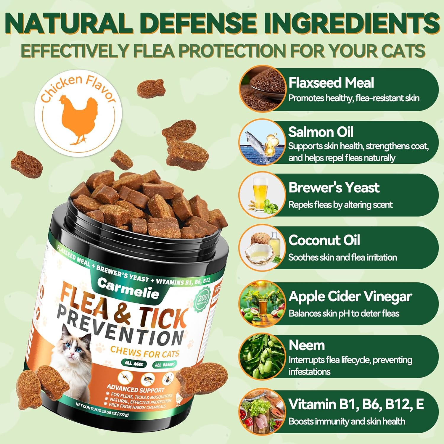 Carmelie Natural Flea & Tick Defense for Cats | 200ct Soft Chews | Daily Oral Support | Tasty Chicken Flavor-carmelie