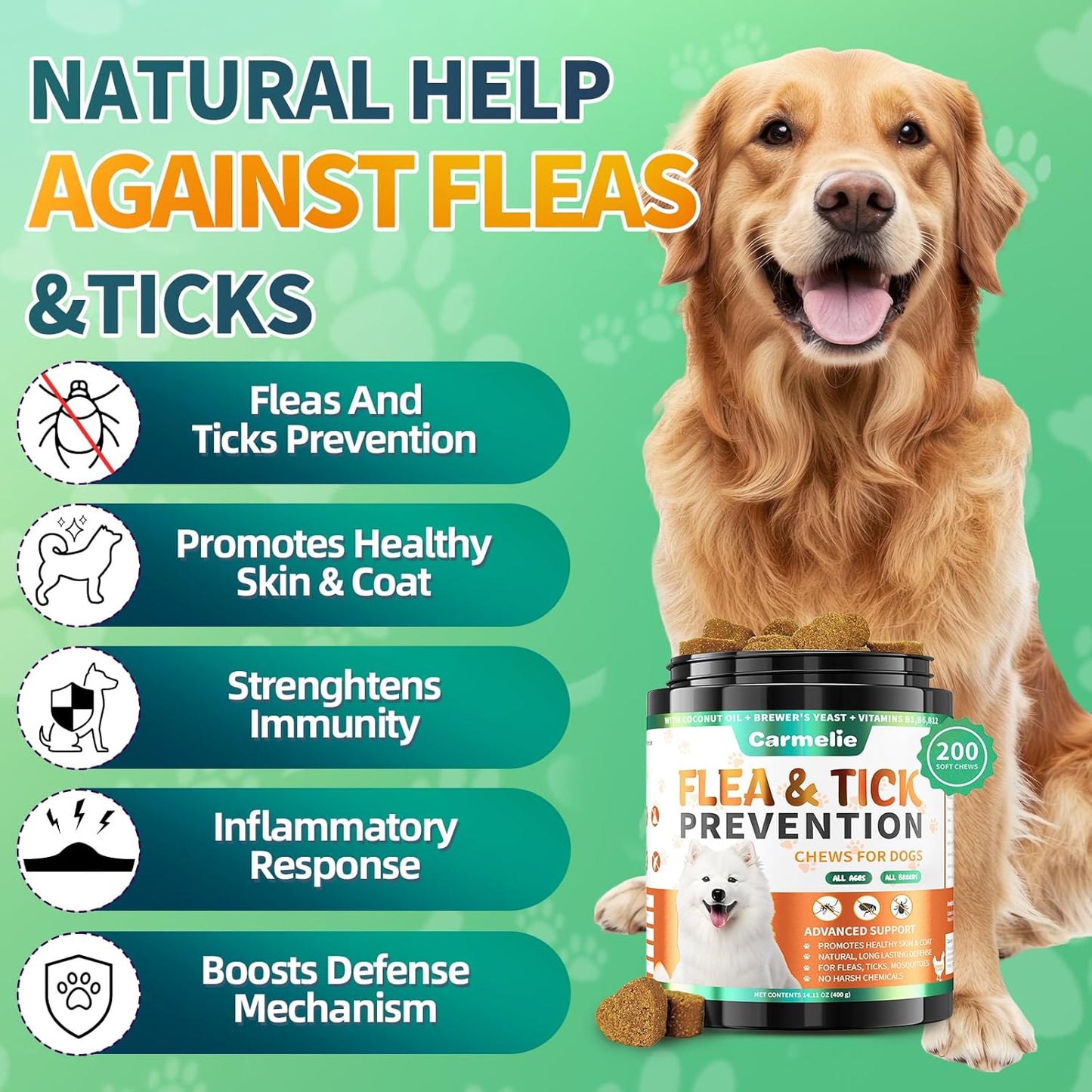 Carmelie Dog Flea & Tick Defense: 200 Natural Soft Chews | Chicken Flavor | Supports All Breeds & Ages-carmelie