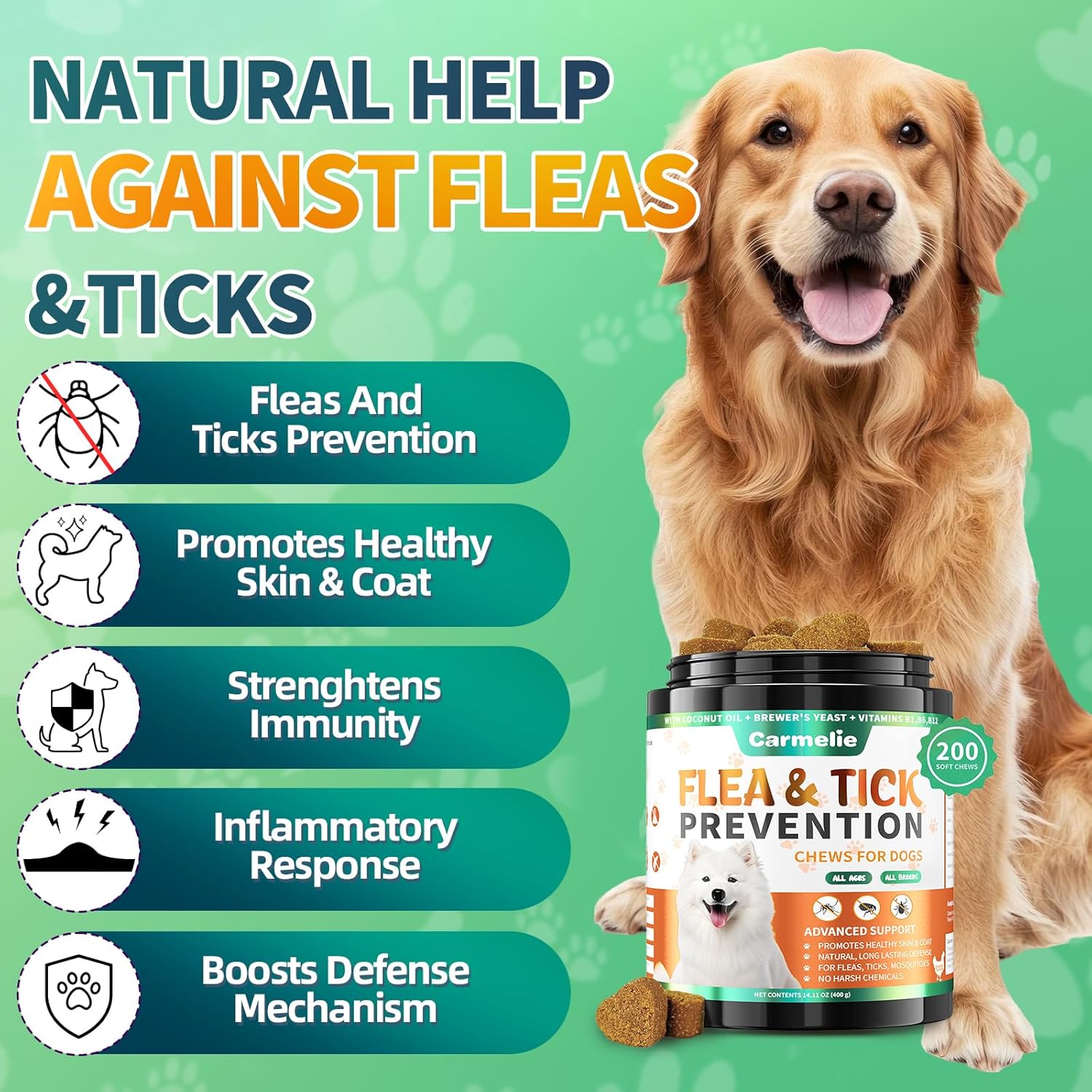 Carmelie Dog Flea & Tick Defense: 200 Natural Soft Chews | Chicken Flavor | Supports All Breeds & Ages-carmelie