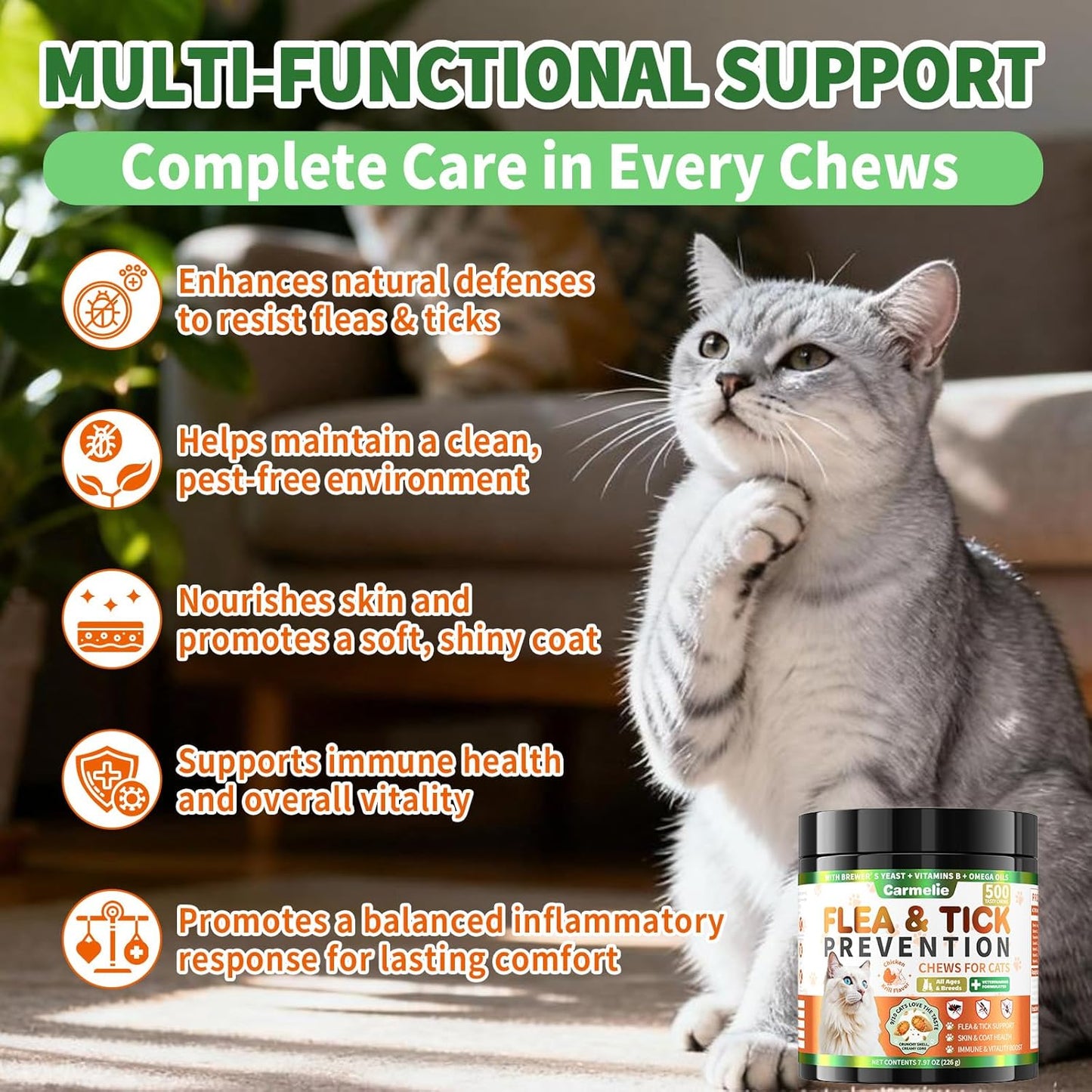 Carmelie 500ct Crunchy & Creamy Cat Flea Chews | Natural Oral Defense with Krill Oil | Chicken & Krill Flavor-carmelie