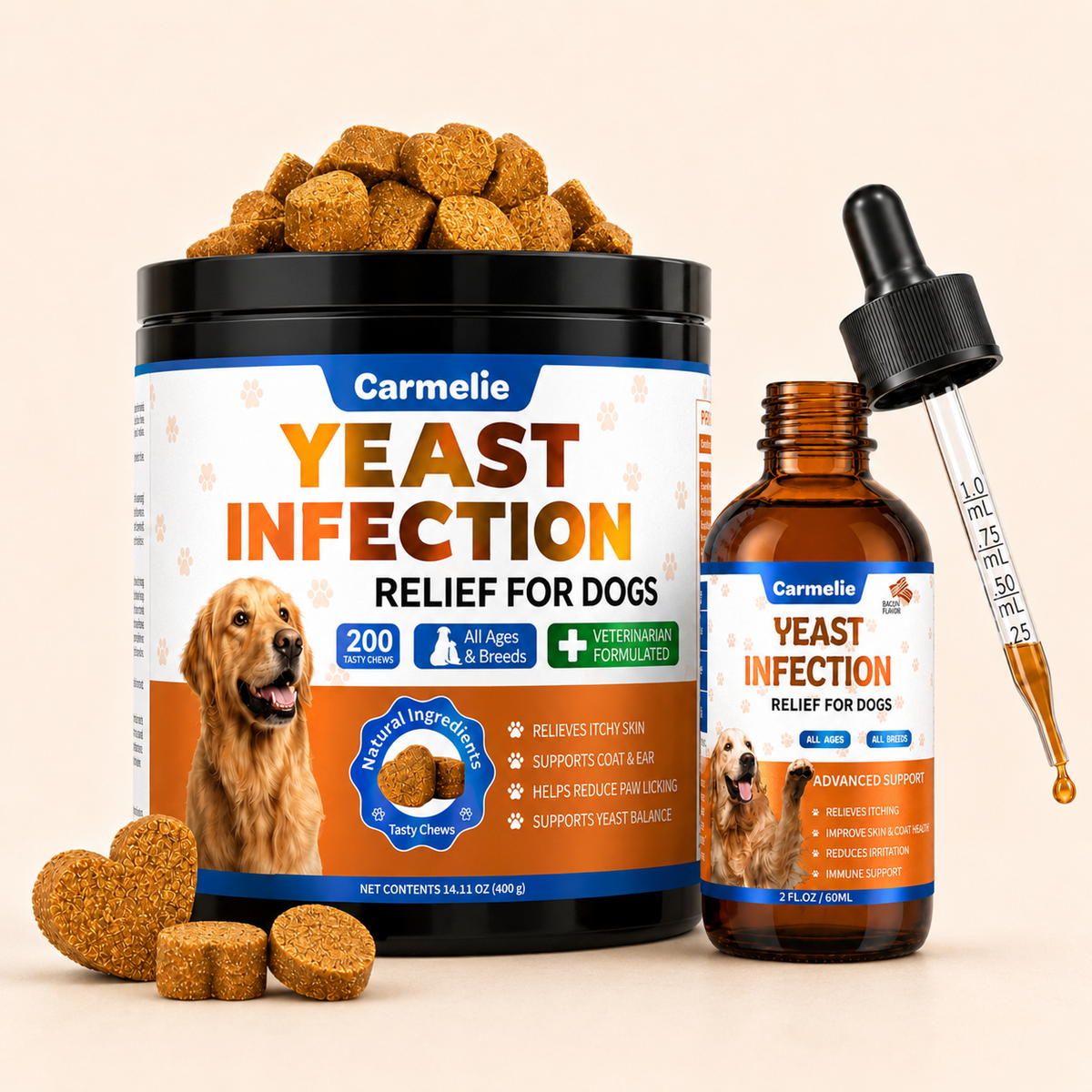 Carmelie Yeast Care Bundle for Dogs – Relief Drops + Soft Chews